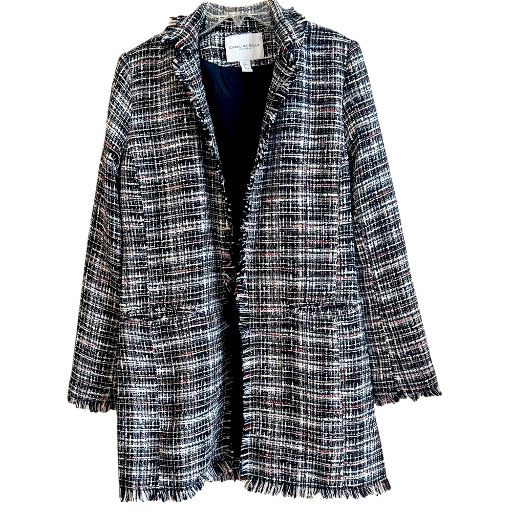 Carolina Belle Montreal Tweed Open Blazer Long Pink Black White sz S